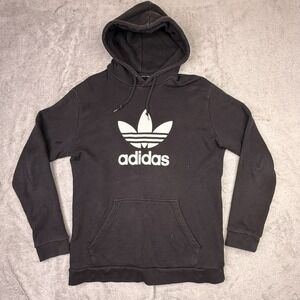 adidas Black Fleece Pullover Hoodie Trefoil Logo Men's Hooded Pockets